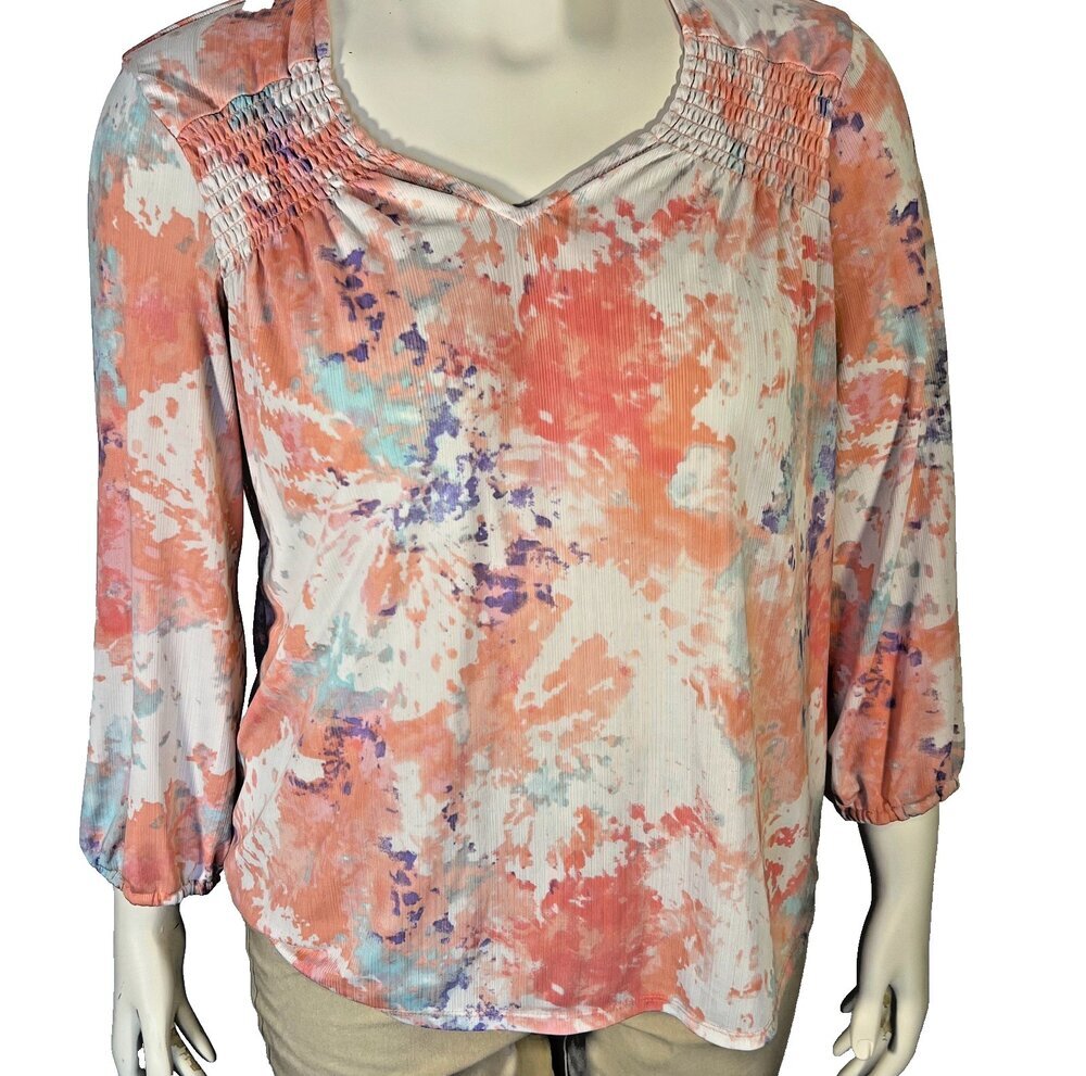 CURE Top Blouse Womens L Peasant V-Neck Long Balloon Sleeve Spring Tie Dye